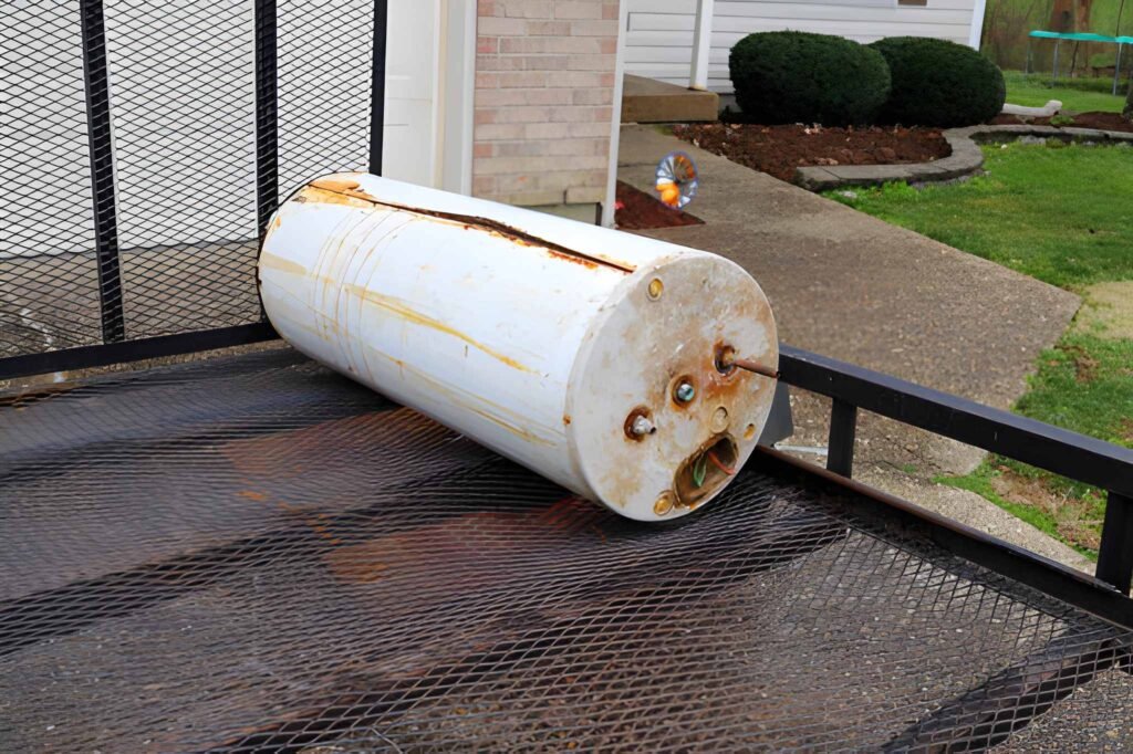 A rusted water heater placed on a trailer.