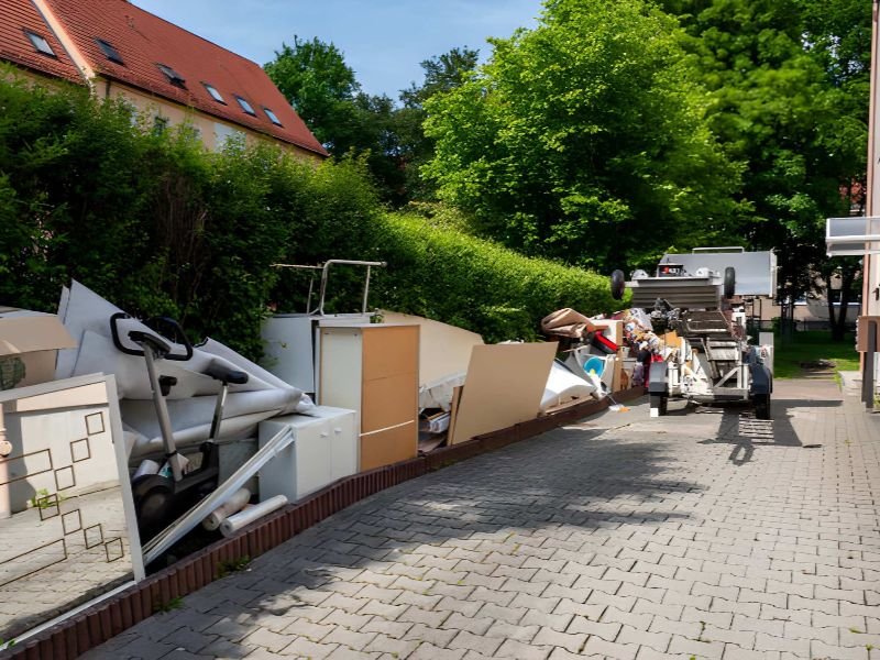 A pile of discarded furniture and debris outside.