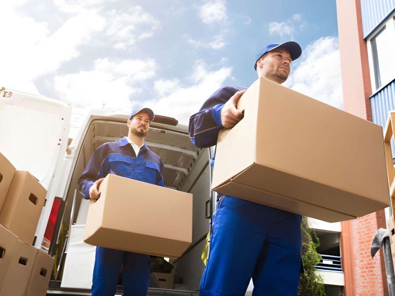 Close-up Of Two Delivery Men Carrying Cardboard