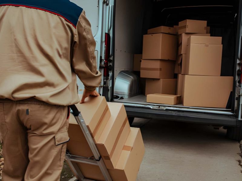 Delivery man packing cardboard boxes