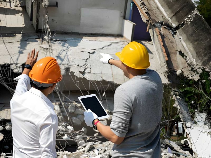 Two engineers inspecting damage to a building after a collapse.