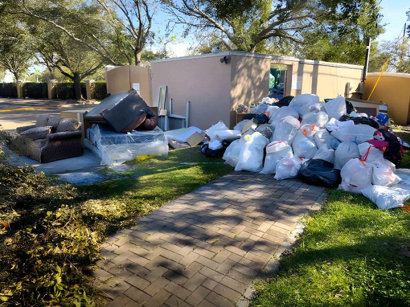 A pile of discarded furniture and trash bags.