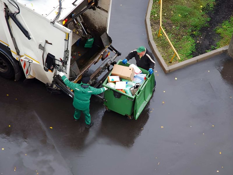 Garbage removal in residential area, garbage men loading household