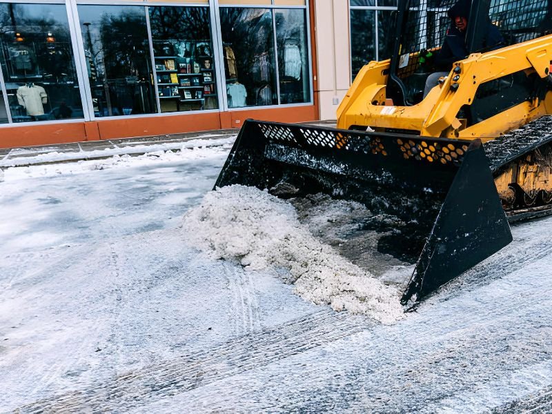 A skid loader clearing snow from a walkway.