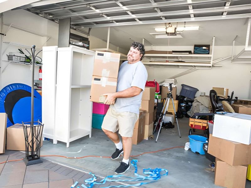 Man moving cardboard boxes in messy garage.