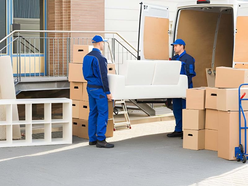 Movers Carrying Sofa Outside Truck On Street