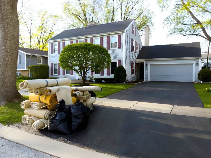 A house with rolled-up carpets and trash bags outside.