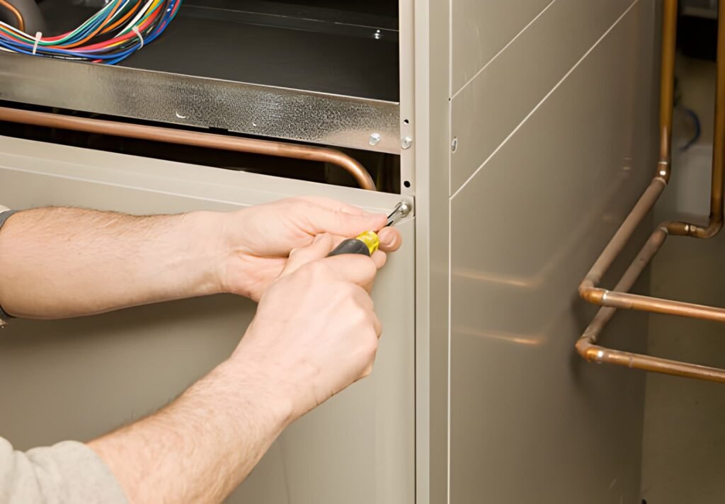 A person using a screwdriver to work on an appliance.