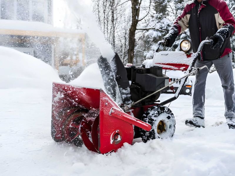 A person using a snow blower in winter.