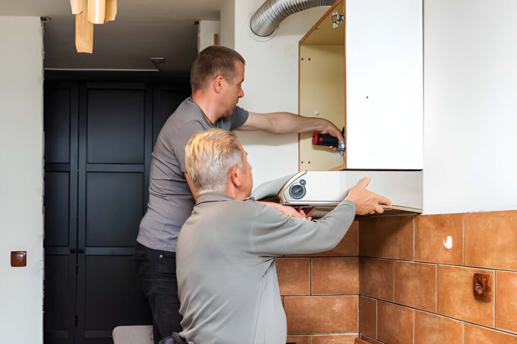 Two people installing a cabinet in a kitchen.