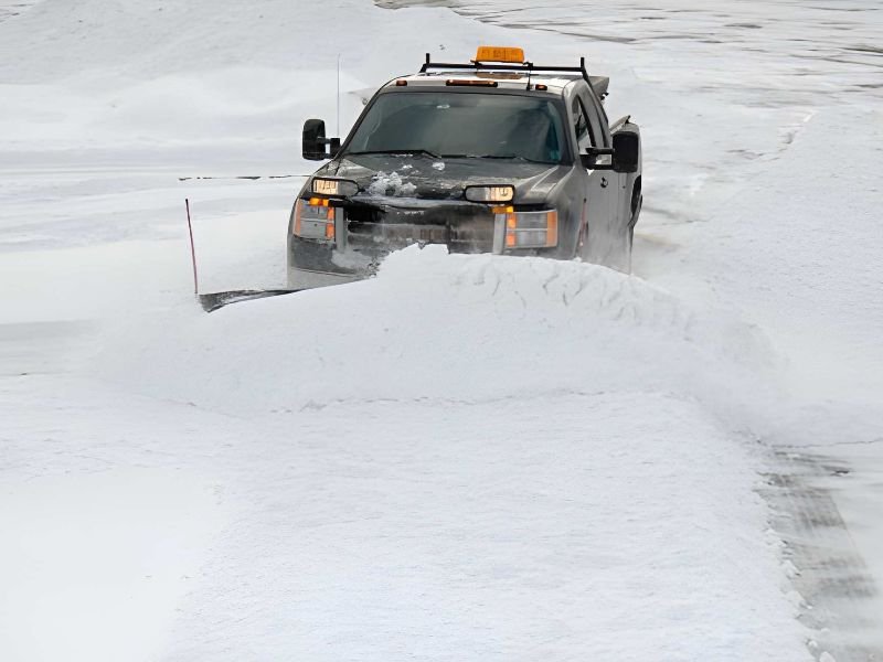 A snow plow clearing a snowy road.