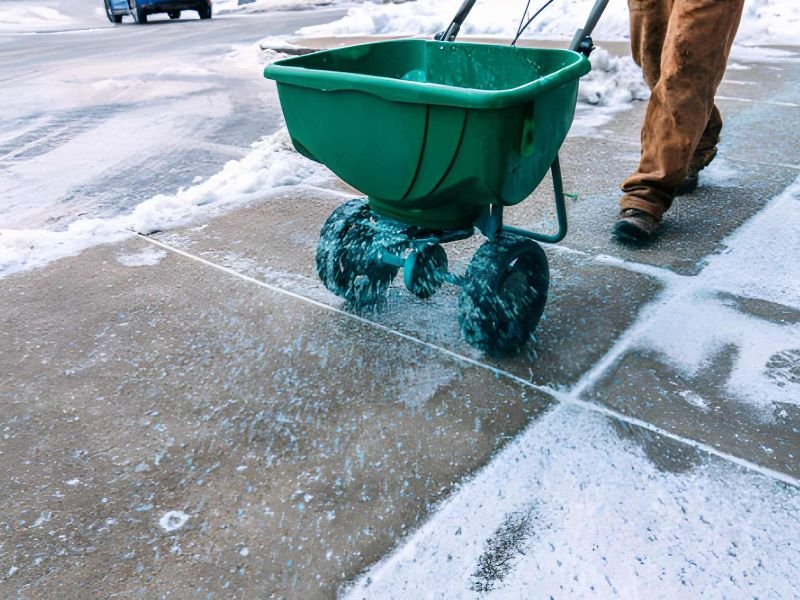 Person pushing spreader across snowy sidewalk
