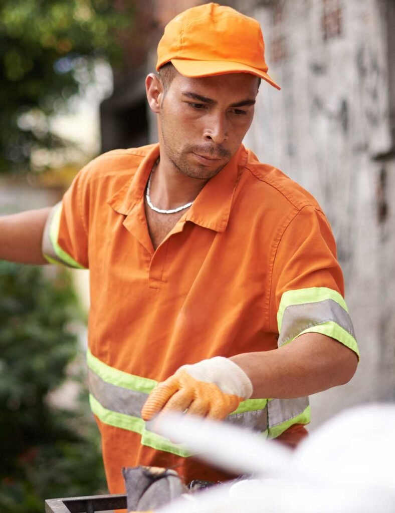 A waste management worker sorting trash at a collection site.