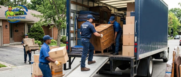 Professional team loading a truck with old furniture and boxes.