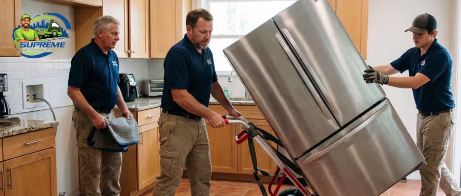 A professional team safely moving a large refrigerator out of a residential kitchen using a specialized dolly A professional team safely moving a large refrigerator out of a residential kitchen using a specialized dolly