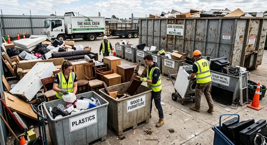 A junk removal crew sorting household items and bulky waste for proper disposal and recycling